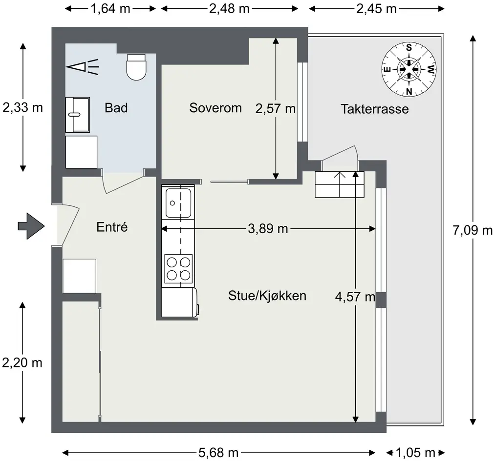 Moderne 2-r toppleilighet med privat, sydvestvendt takterr. på 10 kvm! Heis. V.Vann og fyring inkl. Lave felleskostnader photo 3