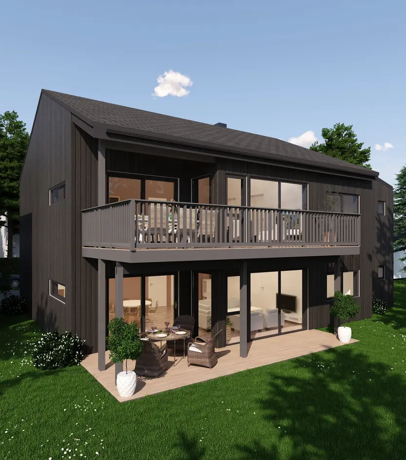 2 prosjekterte leiligheter beliggende sentralt på Stokmoen. 3 soverom. Carport. Sørvendt veranda.