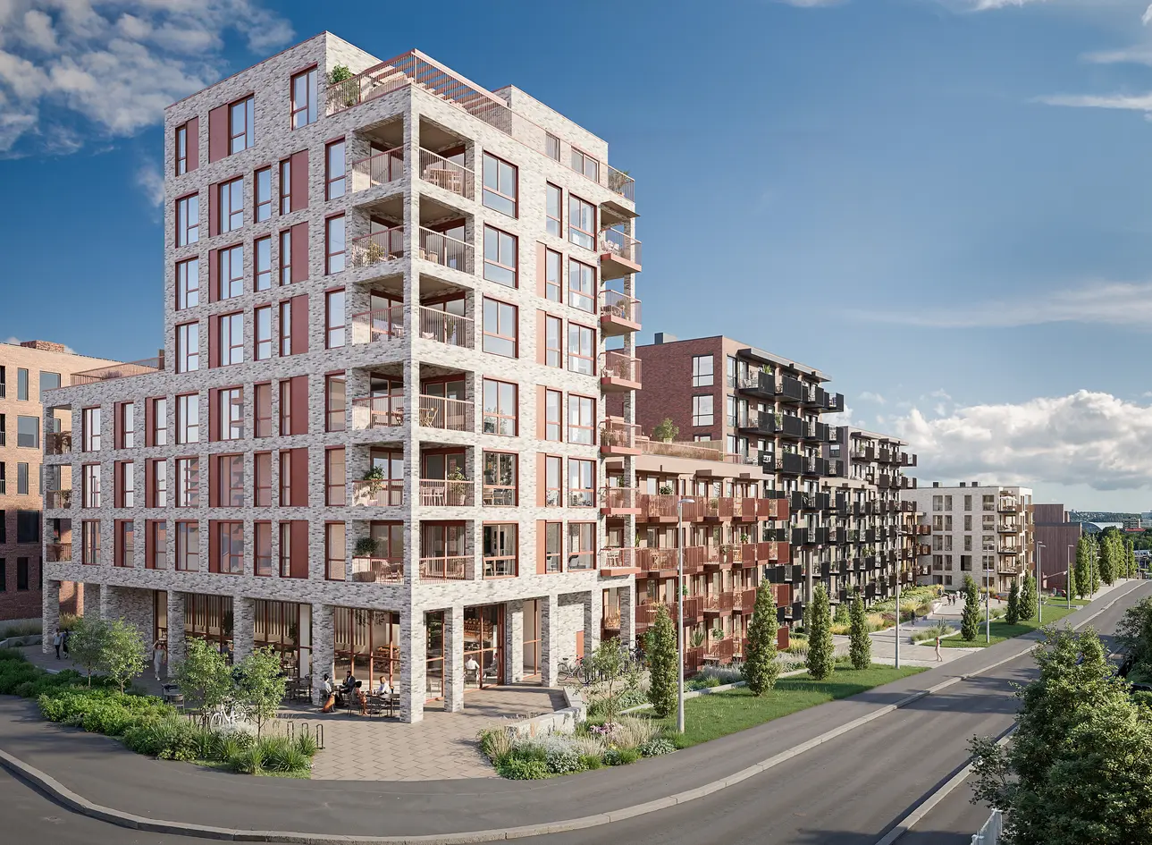 Ny, effektiv 2-roms med sørvestvendt balkong på 7 m². Svært solrikt. Felles takterrasse. Ferdig mars 2027