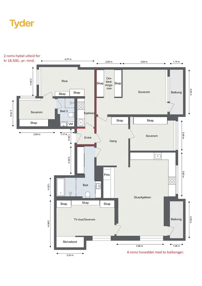 Strøken 4-roms + 2r hybel (kr 18.500 leieinntekt). Renovert 24/25, 2 balk., heis, peis, høy standard. Fyring og vv inkl. photo 3