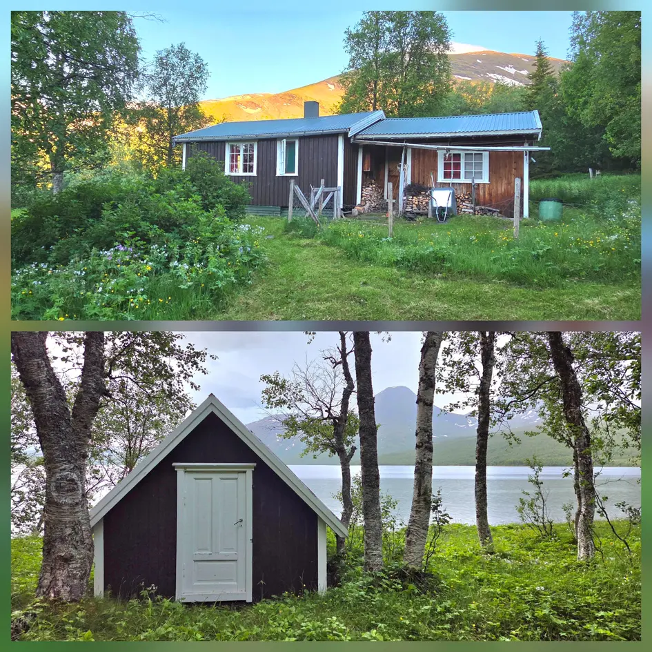 Balsfjord: Ytre Fiskelausvatn - eldre hytte med stor eiendom - og naust i vannkanten på egen strandtomt., moen
