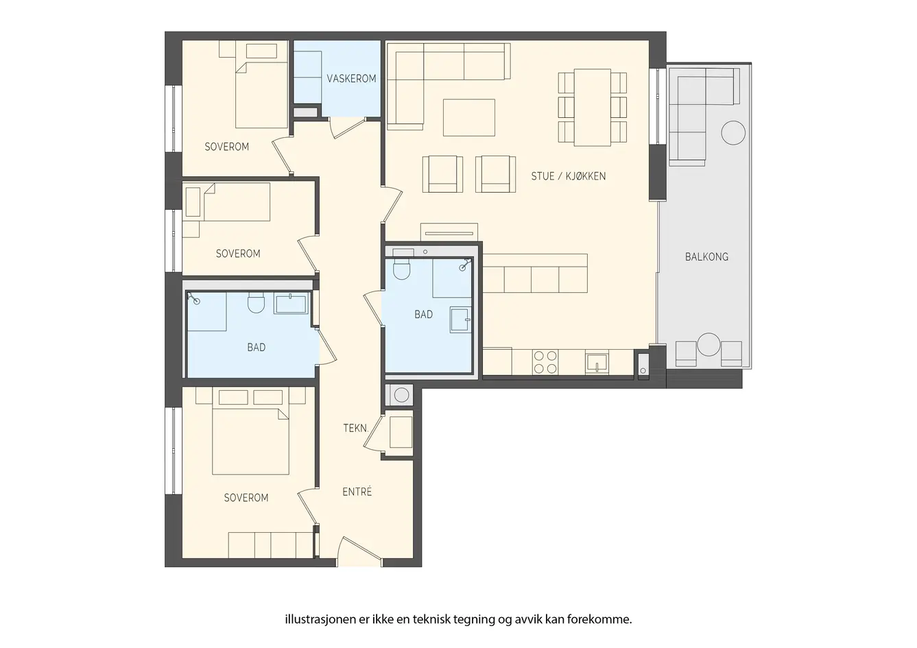 Lekker, romslig 4-roms. 2 store bad + vaskerom. Ny 2024, tilvalg. Ikke dok.avg./fellesgjeld. Balkong 14m². Garasjeplass. photo 3