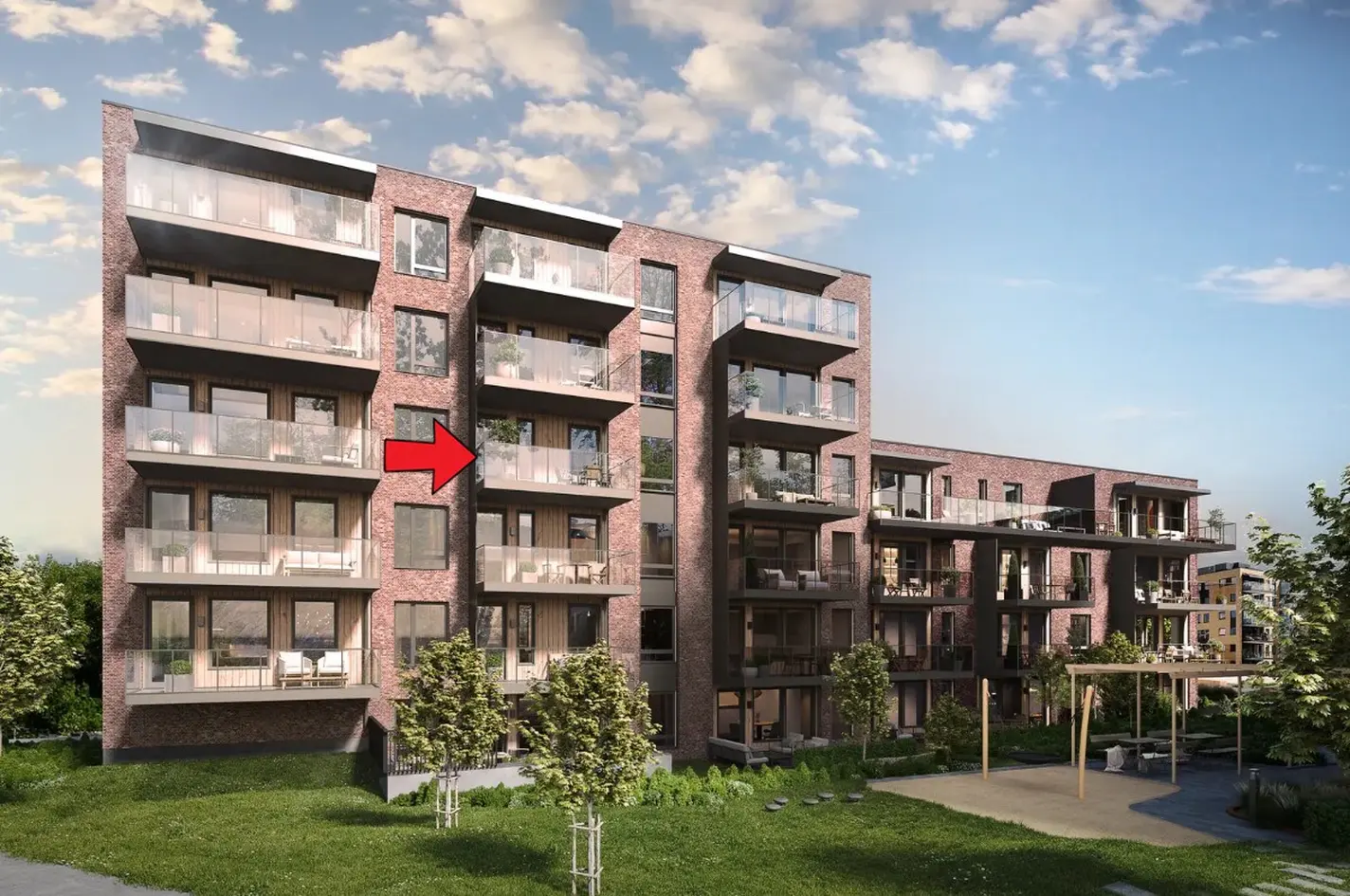 Ny 3-roms i 4. etasje med vestvendt balkong på 9 m². Påkostet. Garasjeplass. Lav dok. avg. Est. ferdig mars - mai 2027