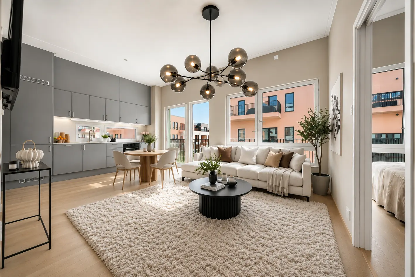 Stilren 3-r hjørneleilighet med unik takhøyde | Garasje* | Pluss konsept inkl | 16m² solrik balkong | Nybyggaranti++