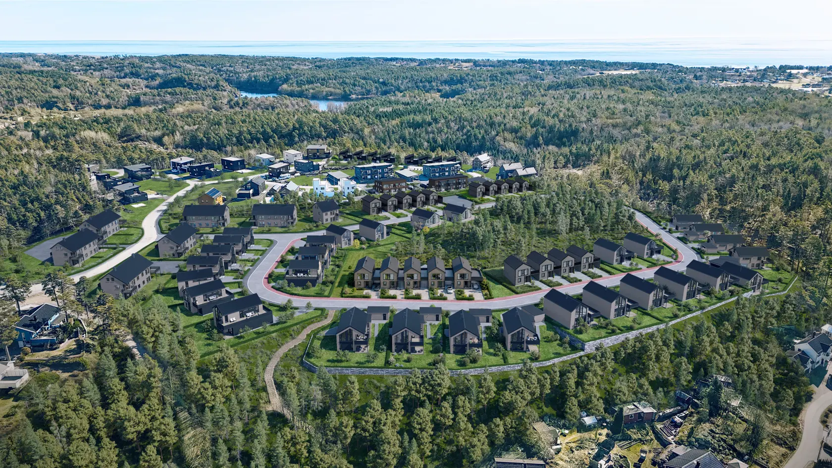 En ny bydel beliggende sentralt på Tromøy bestående av eneboliger og selveierleiligheter i fin harmoni