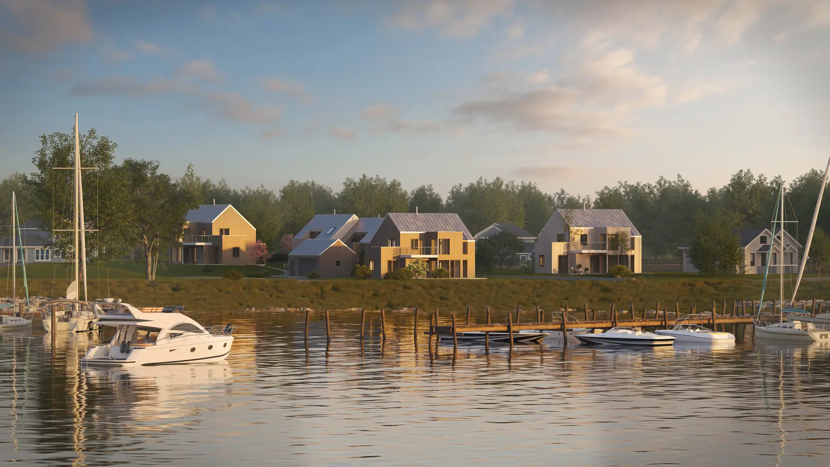 Moderne nordiske trehus oppføres ved sjøkanten i Onsøys skjærgård. Arkitektegnede med lys, luft og store uteområder.