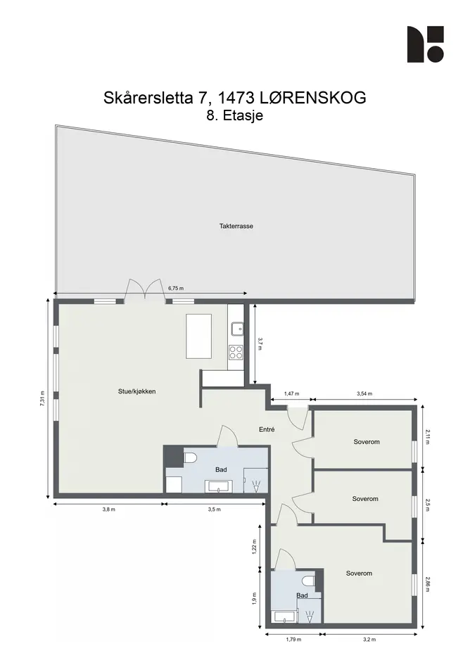 Attraktiv 4-roms penthouse fra 2021 m/privat takterrasse på 69 m²! 2 bad - Heis - Vannbåren varme - Sentral beliggenhet! photo 4