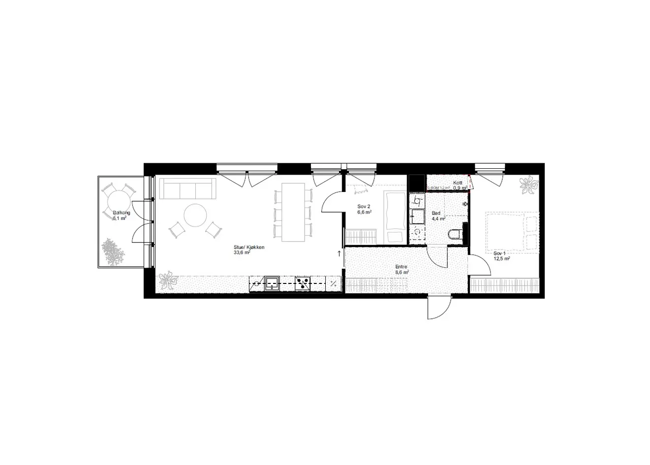 Lekker 3-roms hjørneleilighet mot stille bakgård. Nordvestvendt balkong. Stor stue. Lav dok.avg. Est. ferdig Q4 2026 photo 2